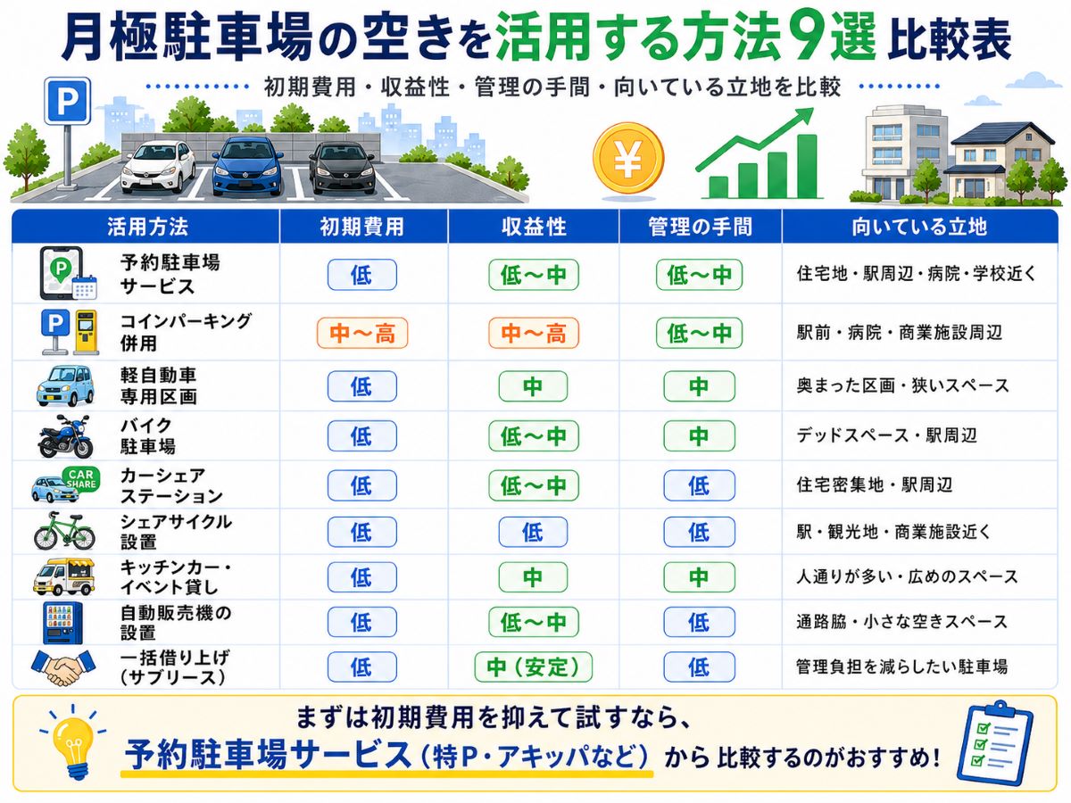月極駐車場の空きを活用する方法9選 比較表