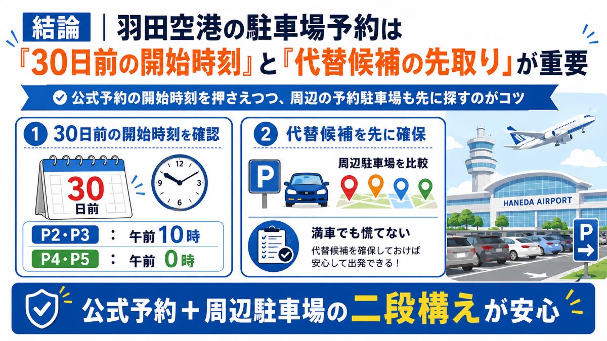結論｜羽田空港の駐車場予約は「30日前の開始時刻」と「代替候補の先取り」が重要