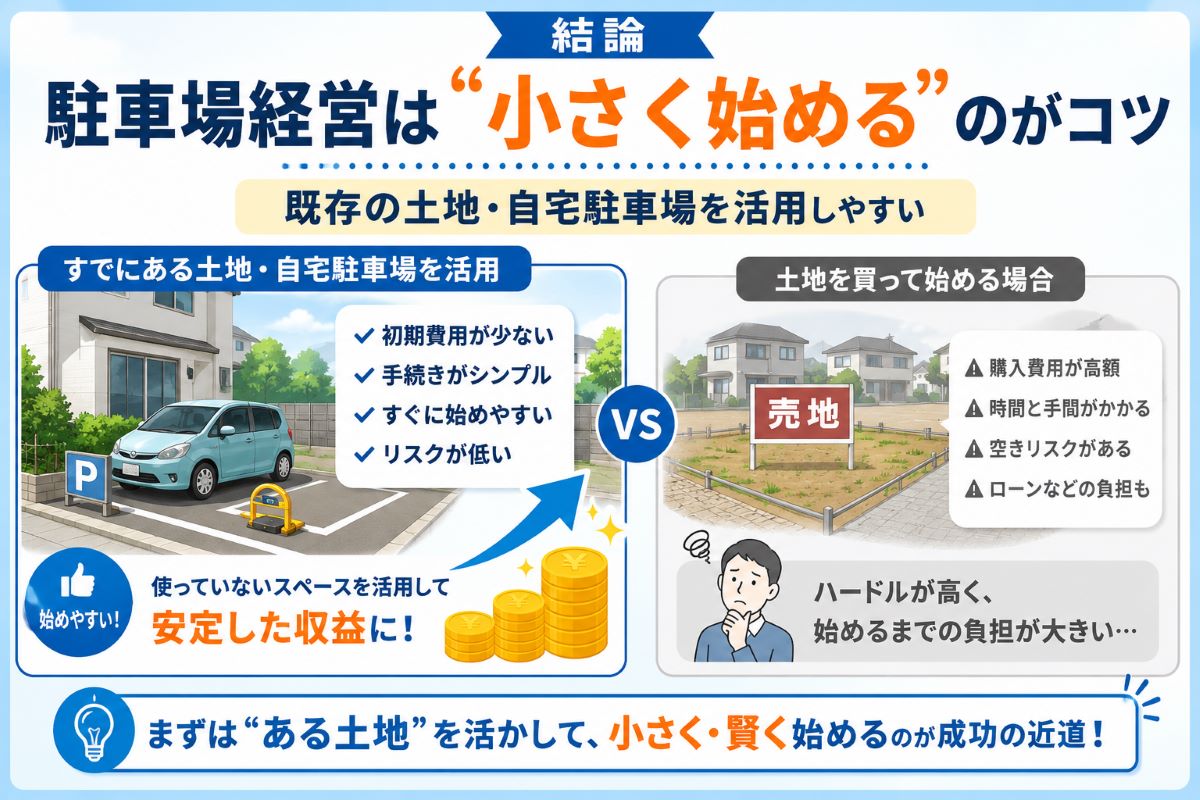 結論|駐車場経営は「土地を買う前」より「すでにある土地を小さく活用」する方が始めやすい