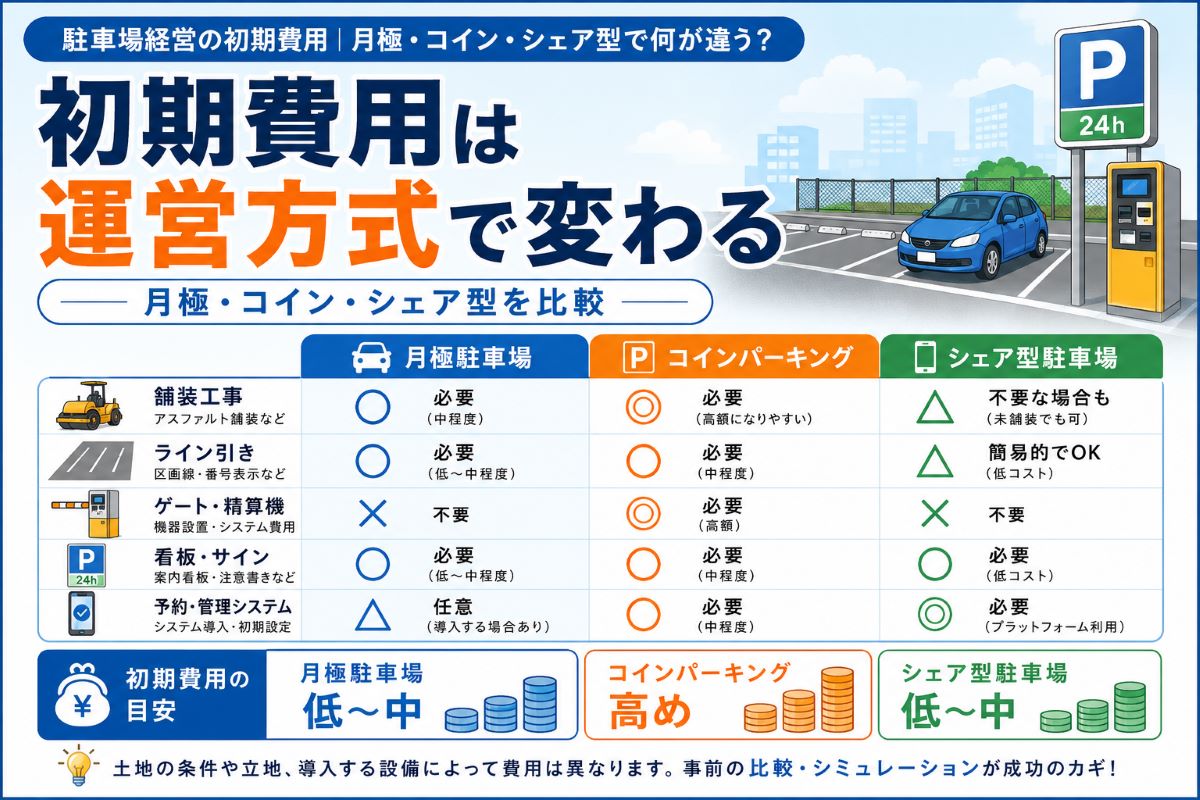 駐車場経営の初期費用|月極・コイン・シェア型で何が違う?