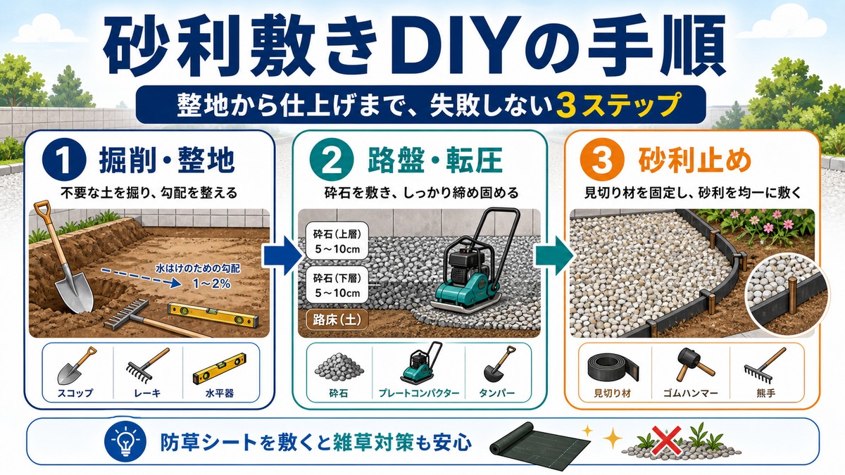 駐車場に砕石を敷いて転圧する工程