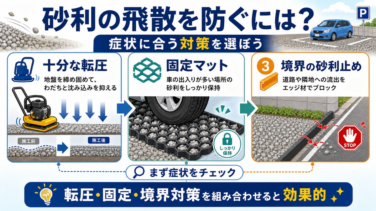 転圧と固定マットと砂利止めによる飛散防止策