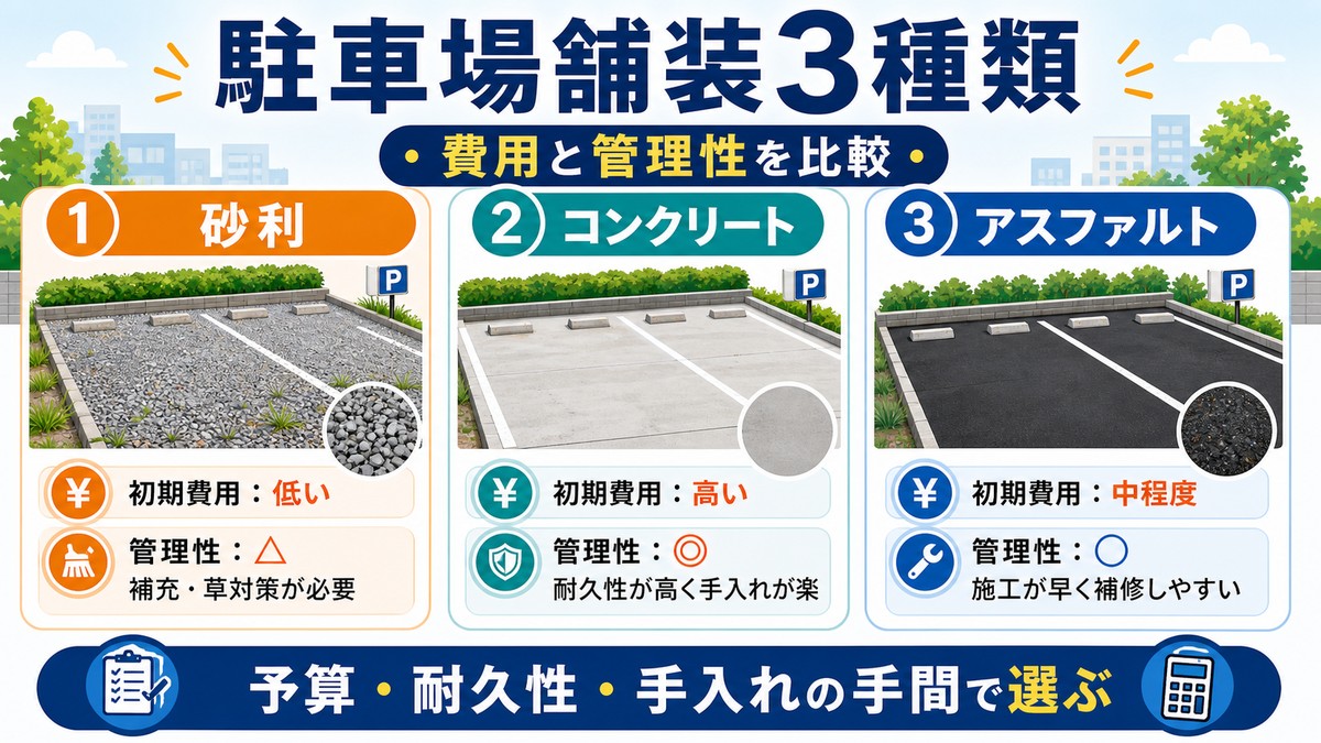 砂利とコンクリートとアスファルトの駐車場比較