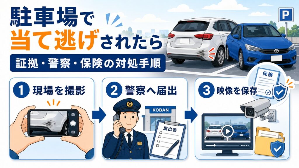 駐車場で当て逃げされた車と対処手順を示すイメージ