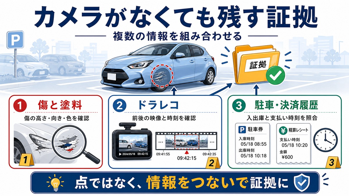 防犯カメラがない駐車場で集める証拠の図解
