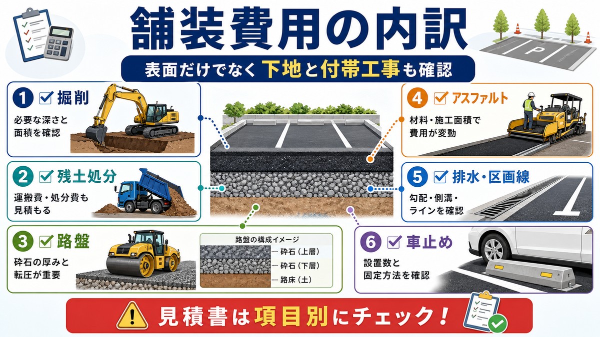 駐車場のアスファルト舗装費用を構成する項目の図解