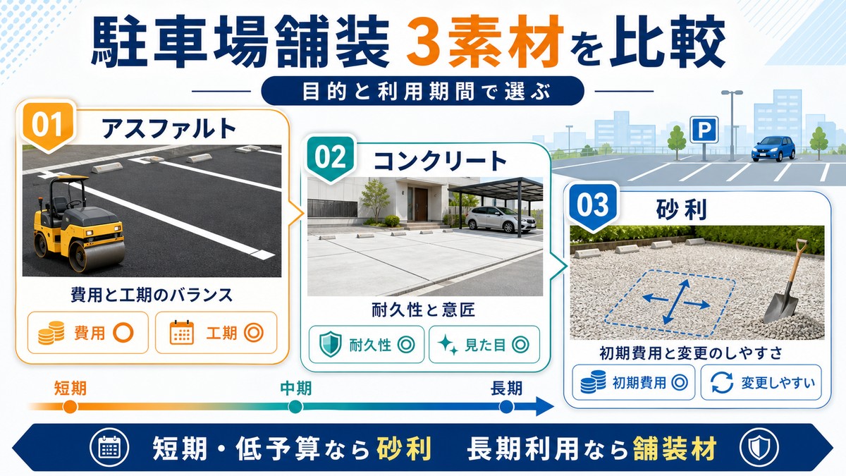アスファルト、コンクリート、砂利の駐車場を比較した図
