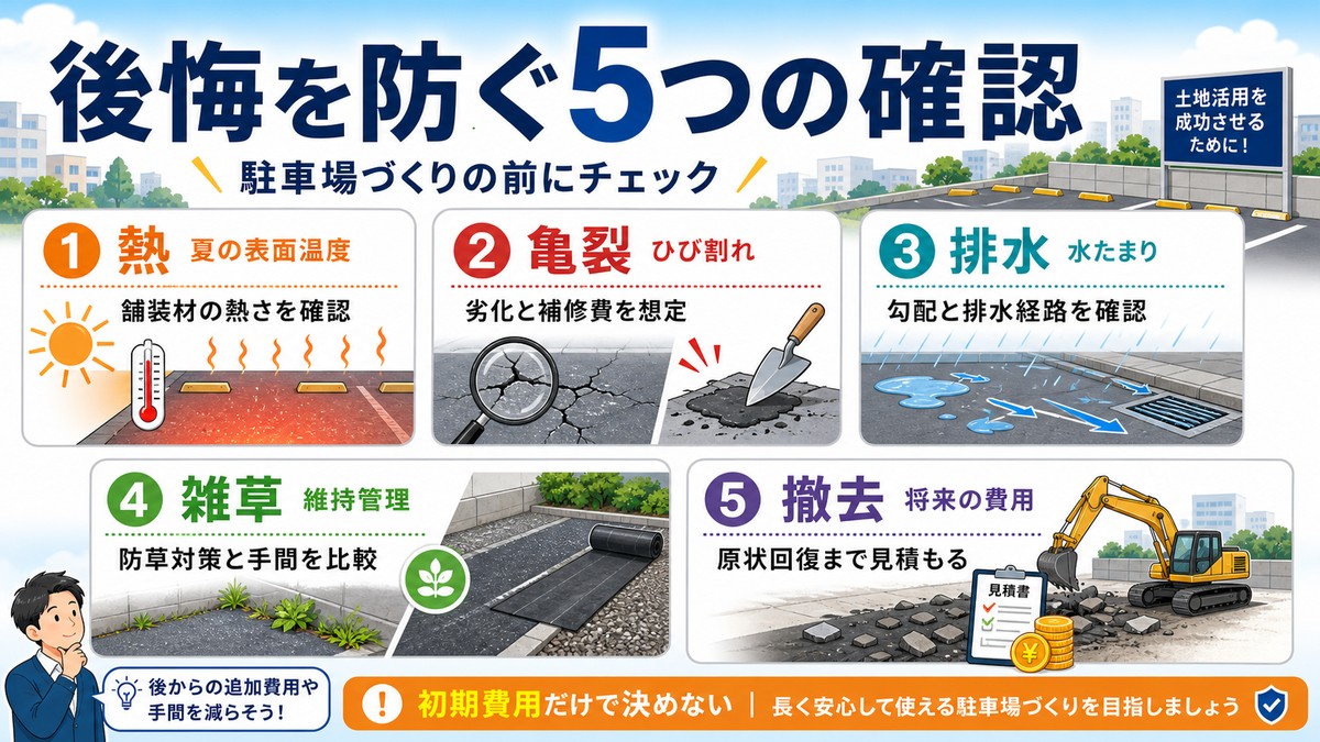 アスファルト駐車場で起きやすい問題と対策の図解