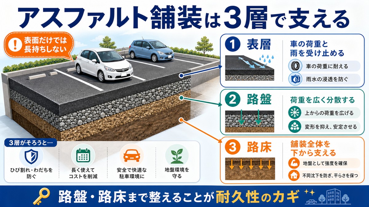 表層、路盤、路床からなるアスファルト駐車場の断面図
