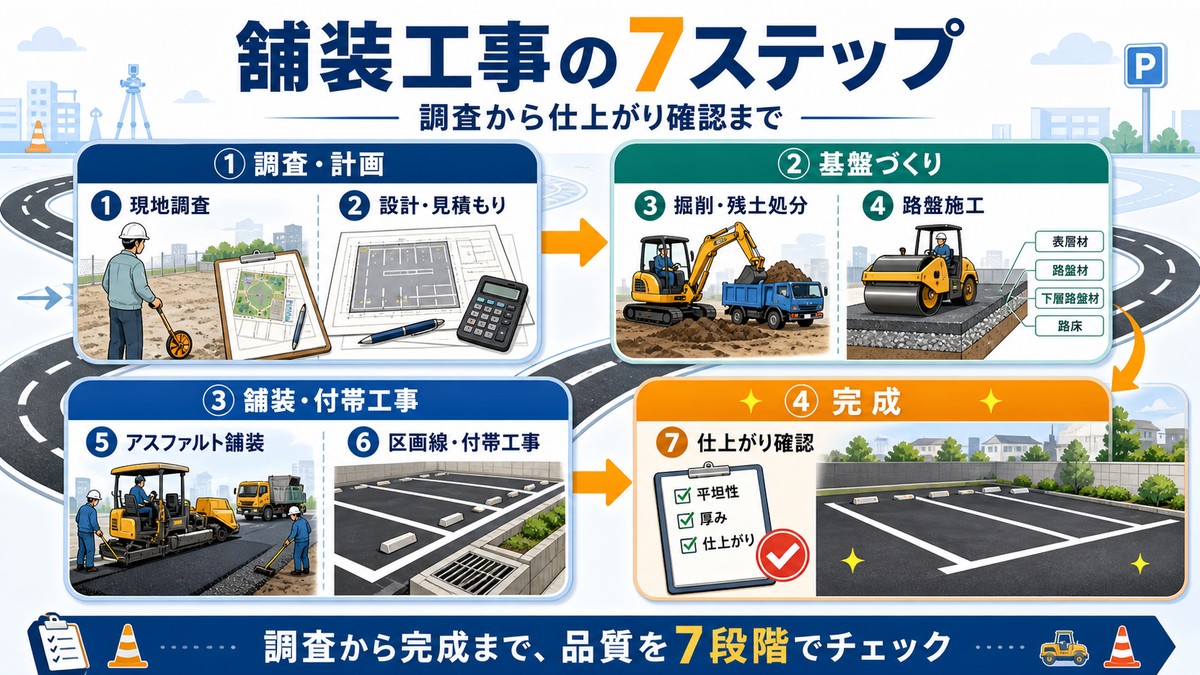 駐車場のアスファルト舗装工事の工程図