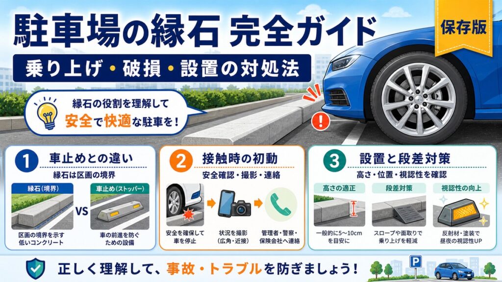 駐車場の縁石と車止めの違いを示すイメージ