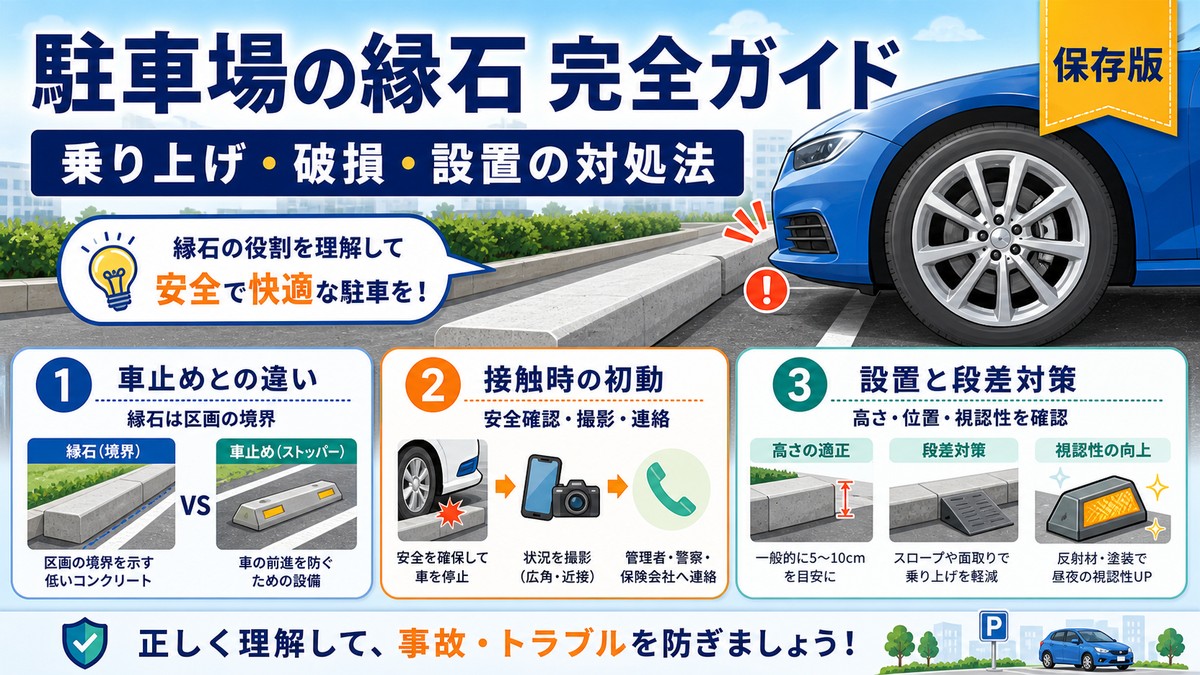 駐車場の縁石と車止めの違いを示すイメージ