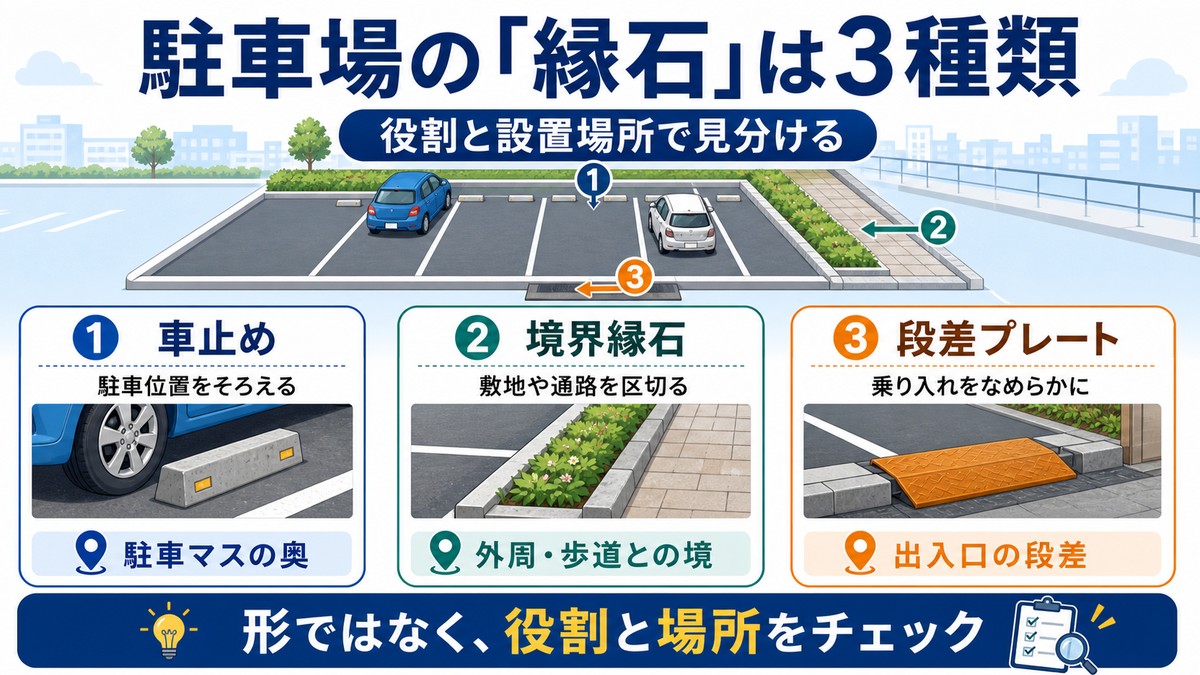 車止めと境界縁石と段差プレートの違いを示す図解