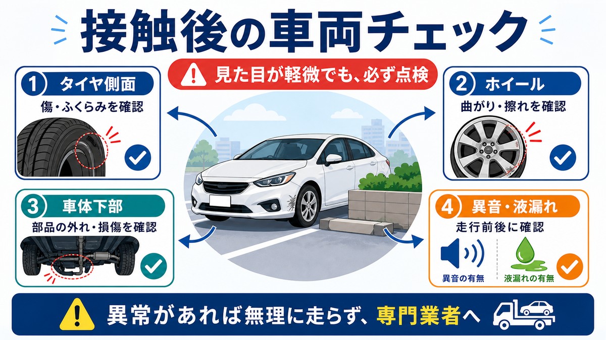 縁石への接触後に点検するタイヤと車体の箇所