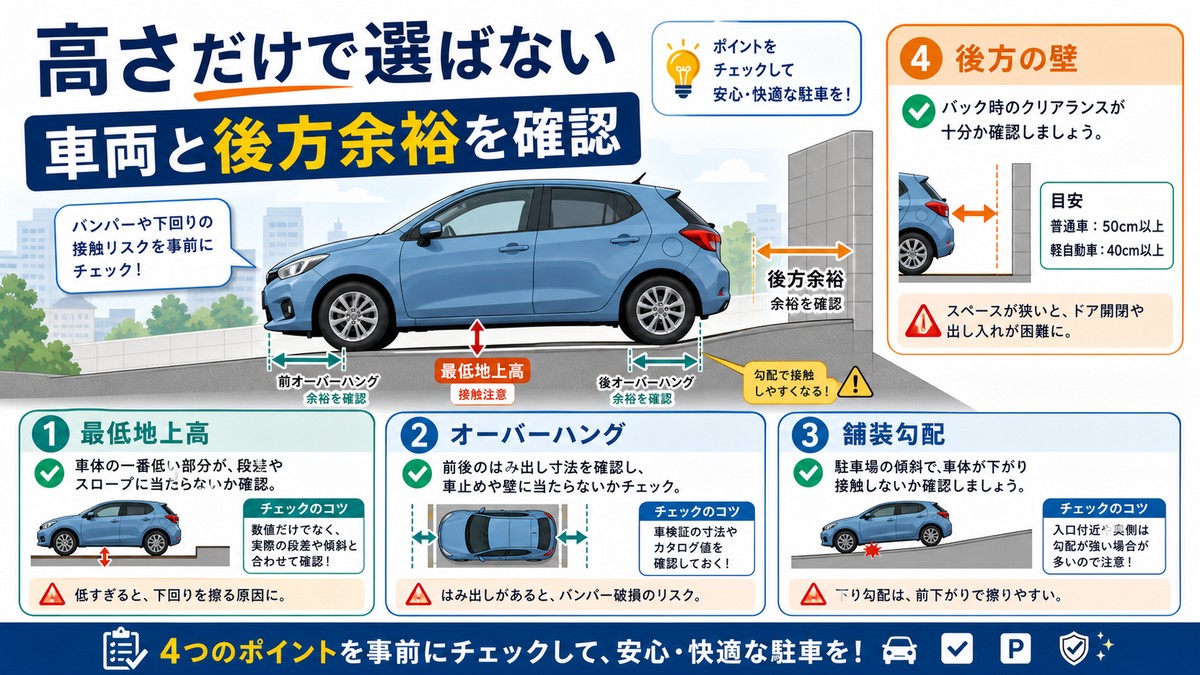 車止め選定で確認する車高や車体の張り出しを示す図