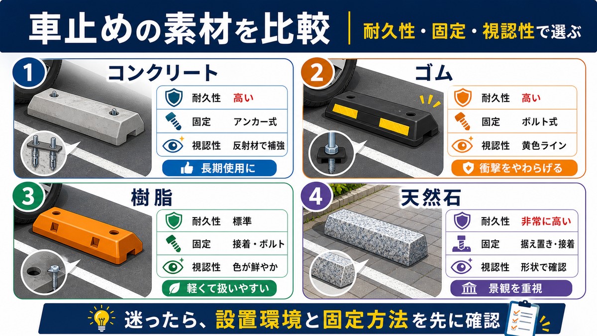 コンクリート製、ゴム製、樹脂製の車止め比較