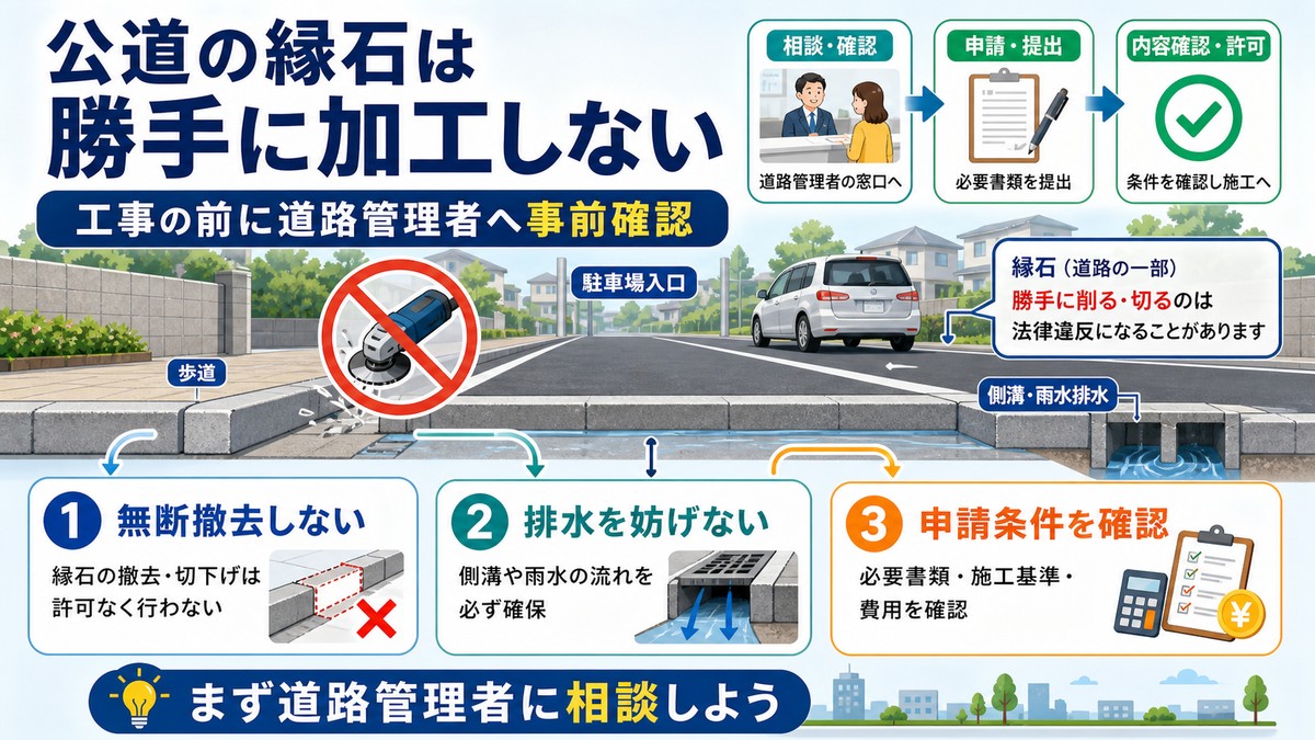 公道上の段差プレートと縁石切り下げの注意を示す図解