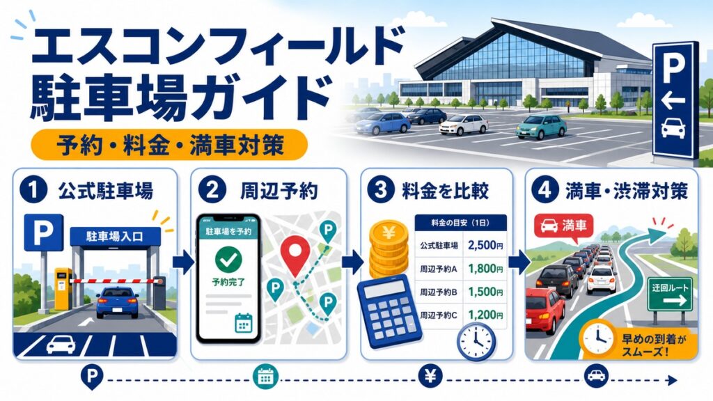 エスコンフィールドHOKKAIDOと複数の駐車場選択肢を表した案内イラスト