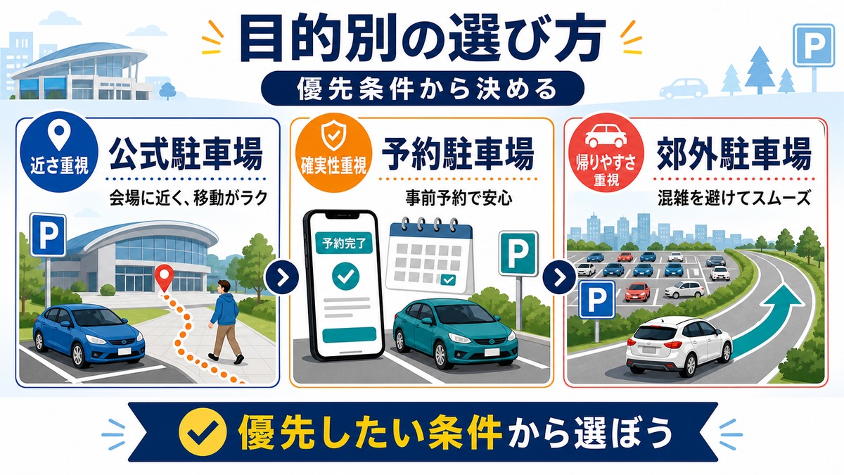 エスコンフィールドの駐車場を近さ・料金・帰りやすさで選ぶ比較図