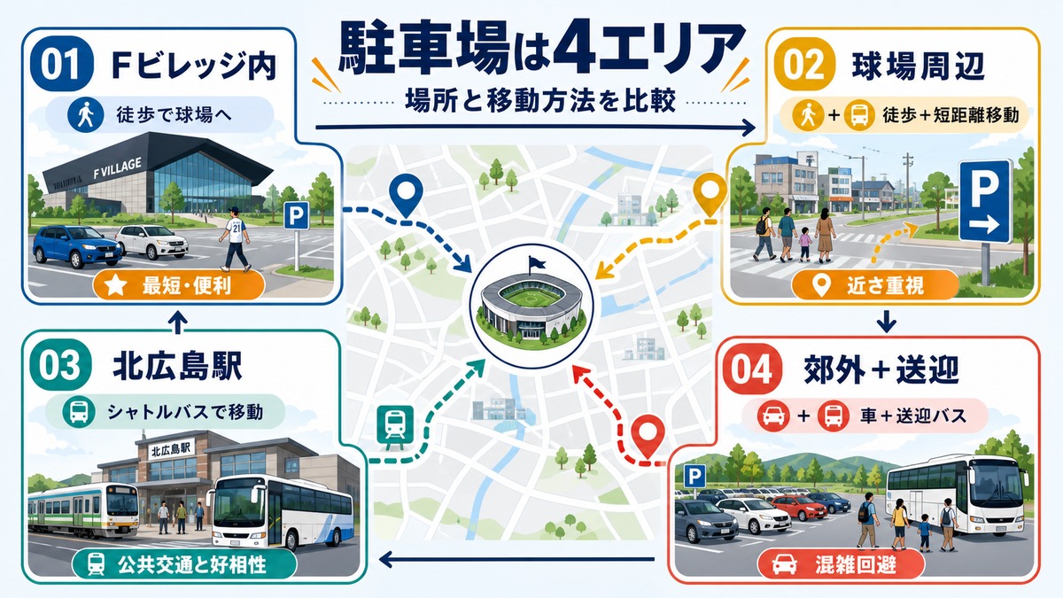 公式駐車場、周辺予約駐車場、駅周辺、送迎付き駐車場の位置関係を示す概念図