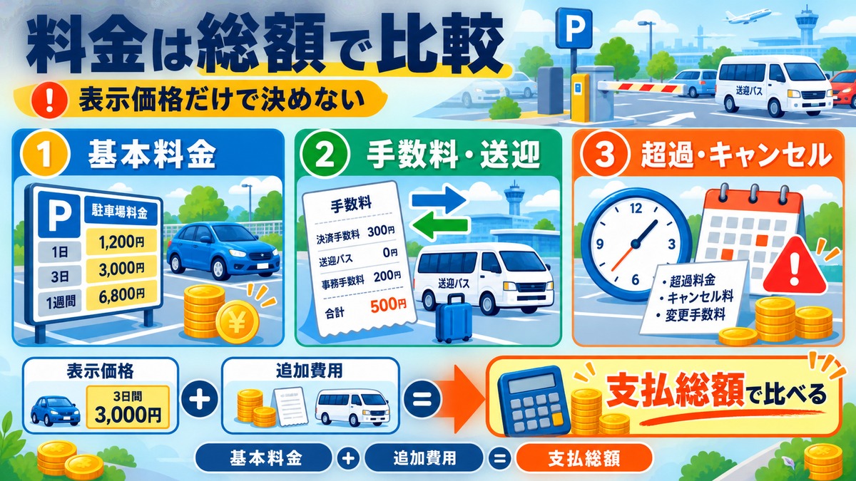 駐車料金と手数料、送迎料金、超過料金を合計して比べる図