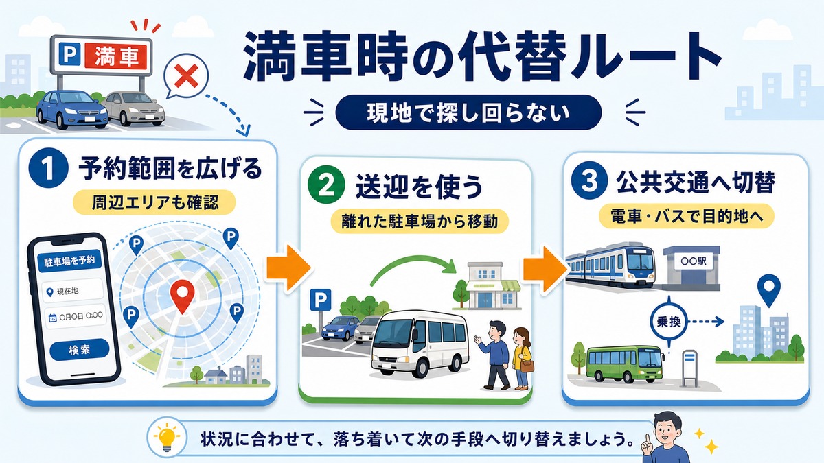 公式駐車場が満車のときに周辺予約、送迎、公共交通へ切り替える図