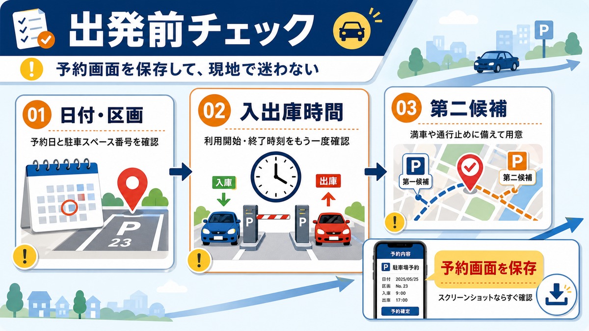 駐車券、区画、車両サイズ、送迎時刻を確認するチェックリスト図