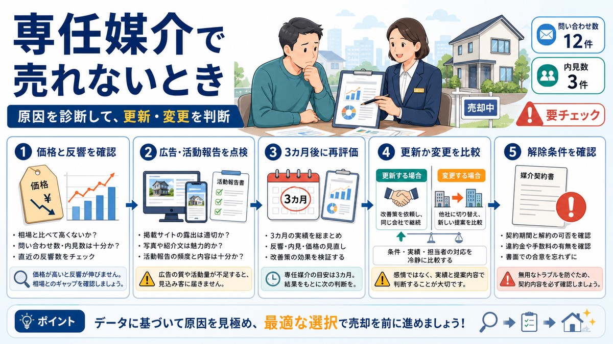 専任媒介で家が売れず契約更新を迷う売主のイメージ