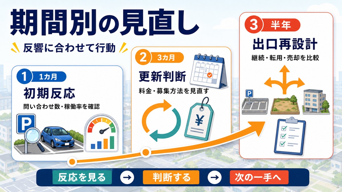 売り出しから1カ月3カ月半年の見直し時期を示す図解