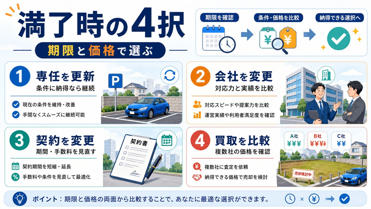 専任媒介の更新と会社変更と一般媒介と買取を比較する図解