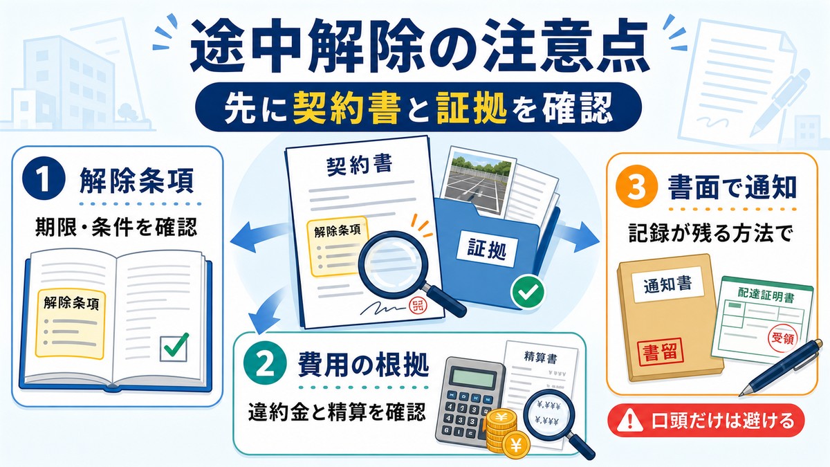 専任媒介契約の途中解除前に確認する項目の図解