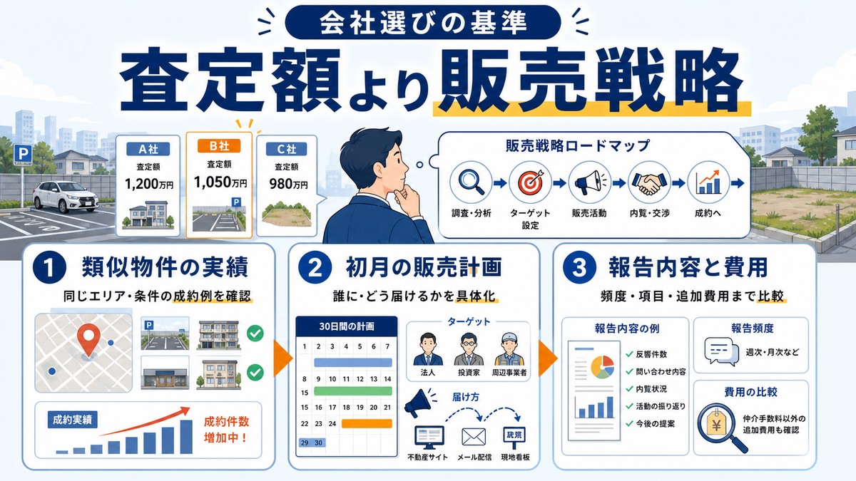 不動産会社を査定額だけで選ばないための比較項目の図解