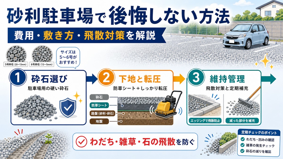 砂利敷きの駐車場と駐車車両
