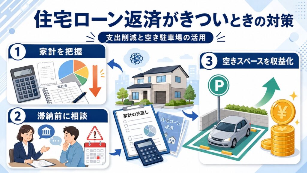 住宅ローンの返済負担と自宅駐車場の活用を考える家族のイメージ