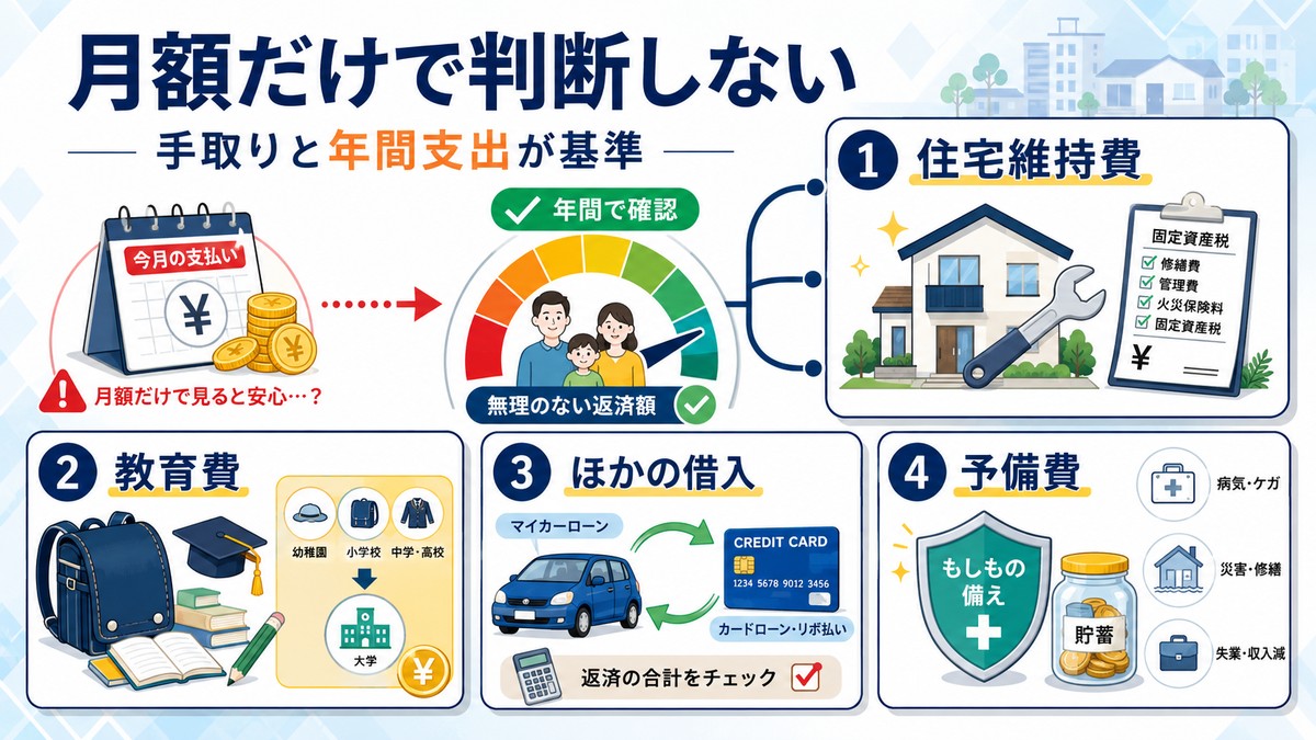 住宅ローン返済額と生活費や維持費を比較する家計図