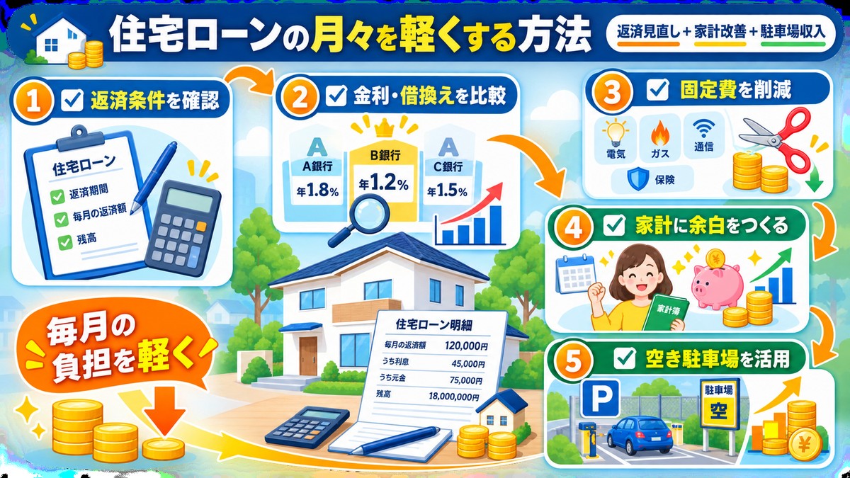 住宅ローンの月々の負担を支出削減と駐車場収入で軽くするイメージ
