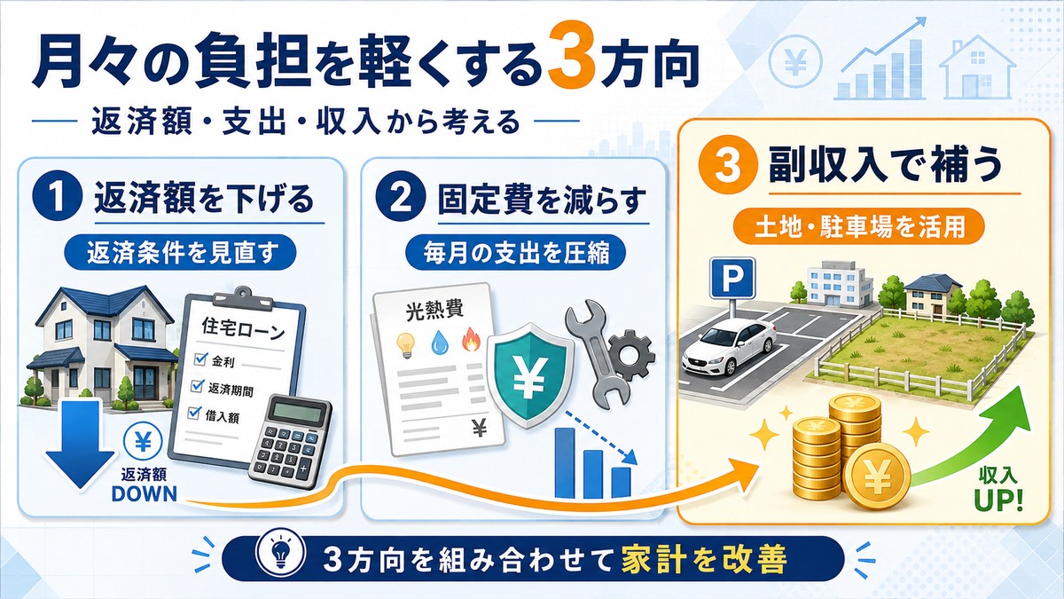 住宅ローン負担を減らす3つの方法を示す図